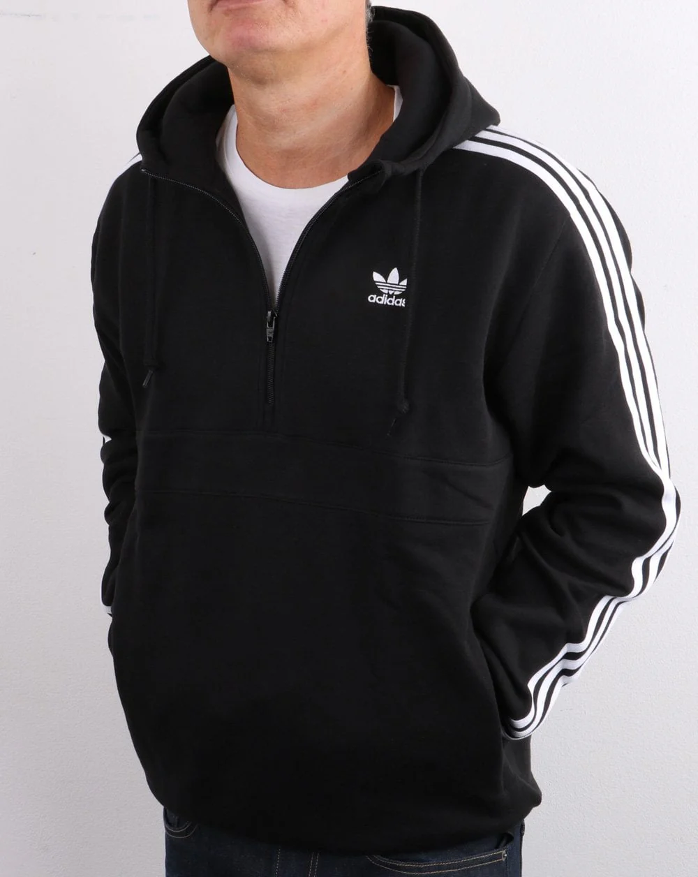 Adidas Originals 3 Stripes Half Zip Hoody Black - Image 2