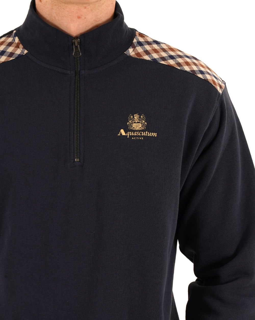 Aquascutum Check Shoulder Quarter Zip Navy - Image 2