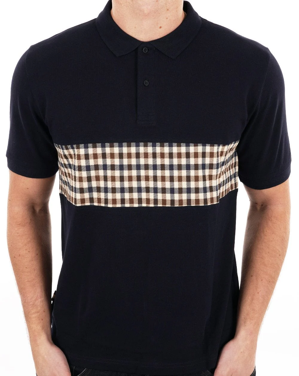 Aquascutum Iconic Club Check Insert Polo Shirt Navy - Image 3