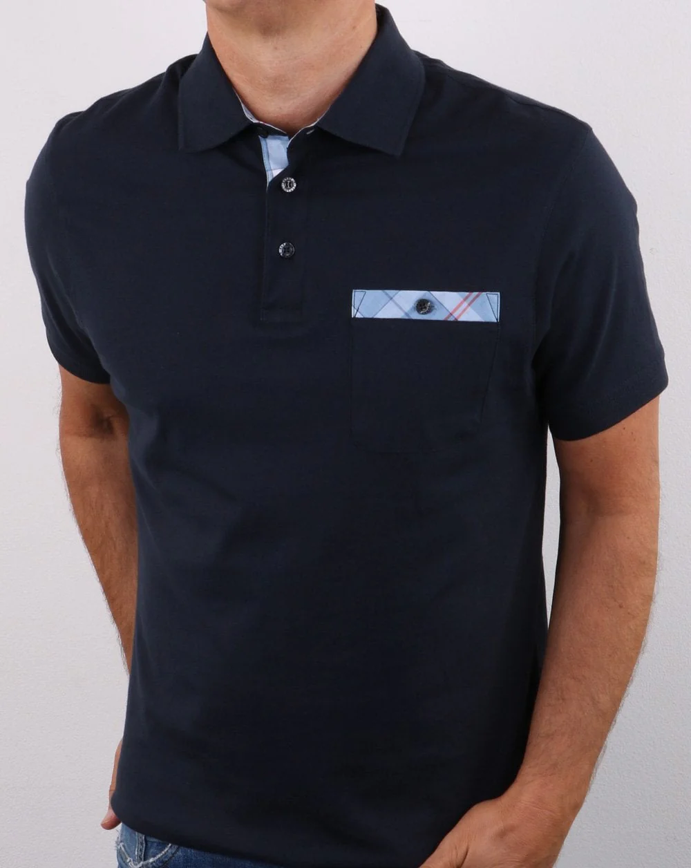Barbour Tartan Pocket Polo Shirt Navy - Image 3
