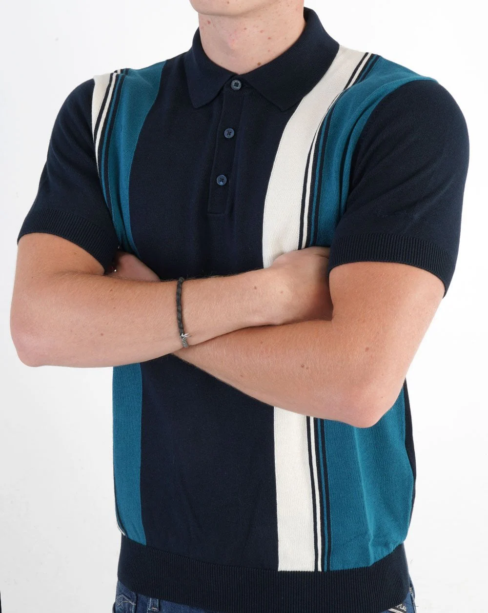 Ben Sherman Vertical Stripe Knit Polo Dark Navy - Image 3
