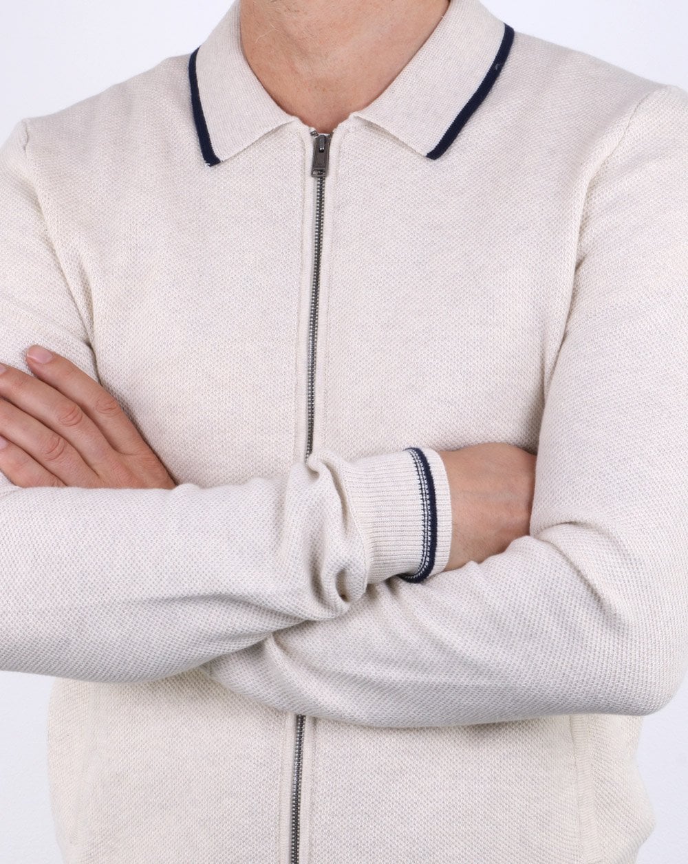 Ben Sherman Zip Through Honey Comb Knit Off White - Image 4