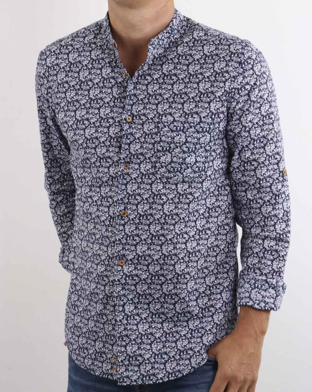 Benetton Grandad Collar Floral Shirt Navy - Image 2