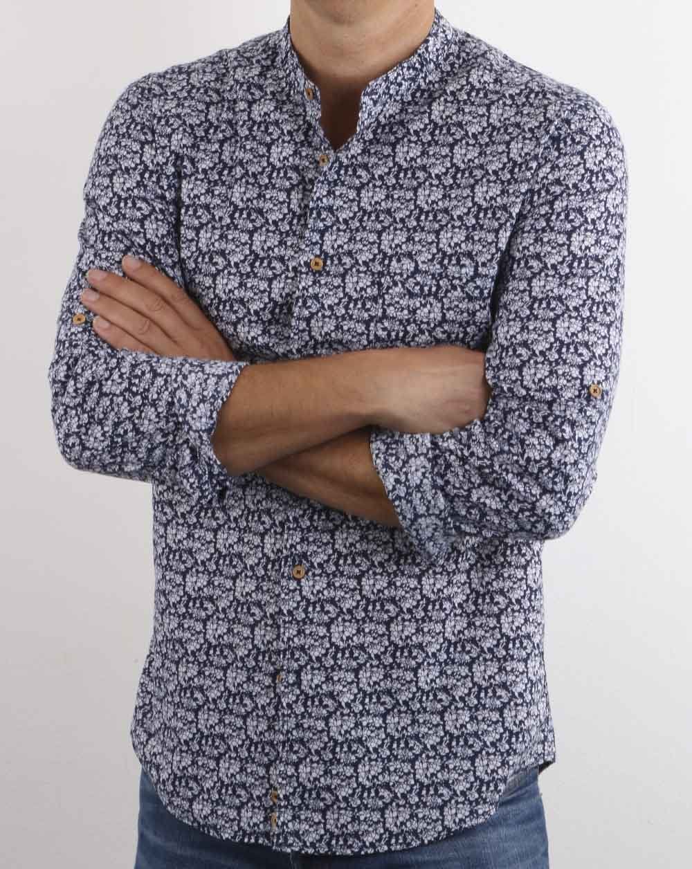 Benetton Grandad Collar Floral Shirt Navy - Image 3