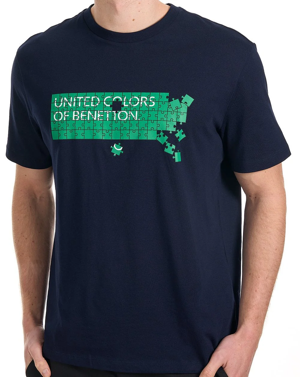 Benetton Jigsaw Logo T Shirt Navy/Green - Image 2
