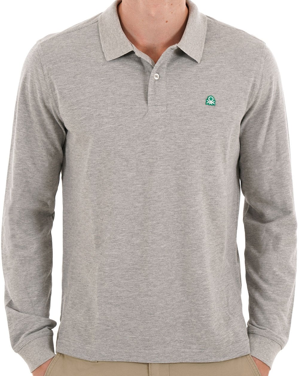 Benetton Long Sleeve Polo Shirt Grey Melange - Image 3