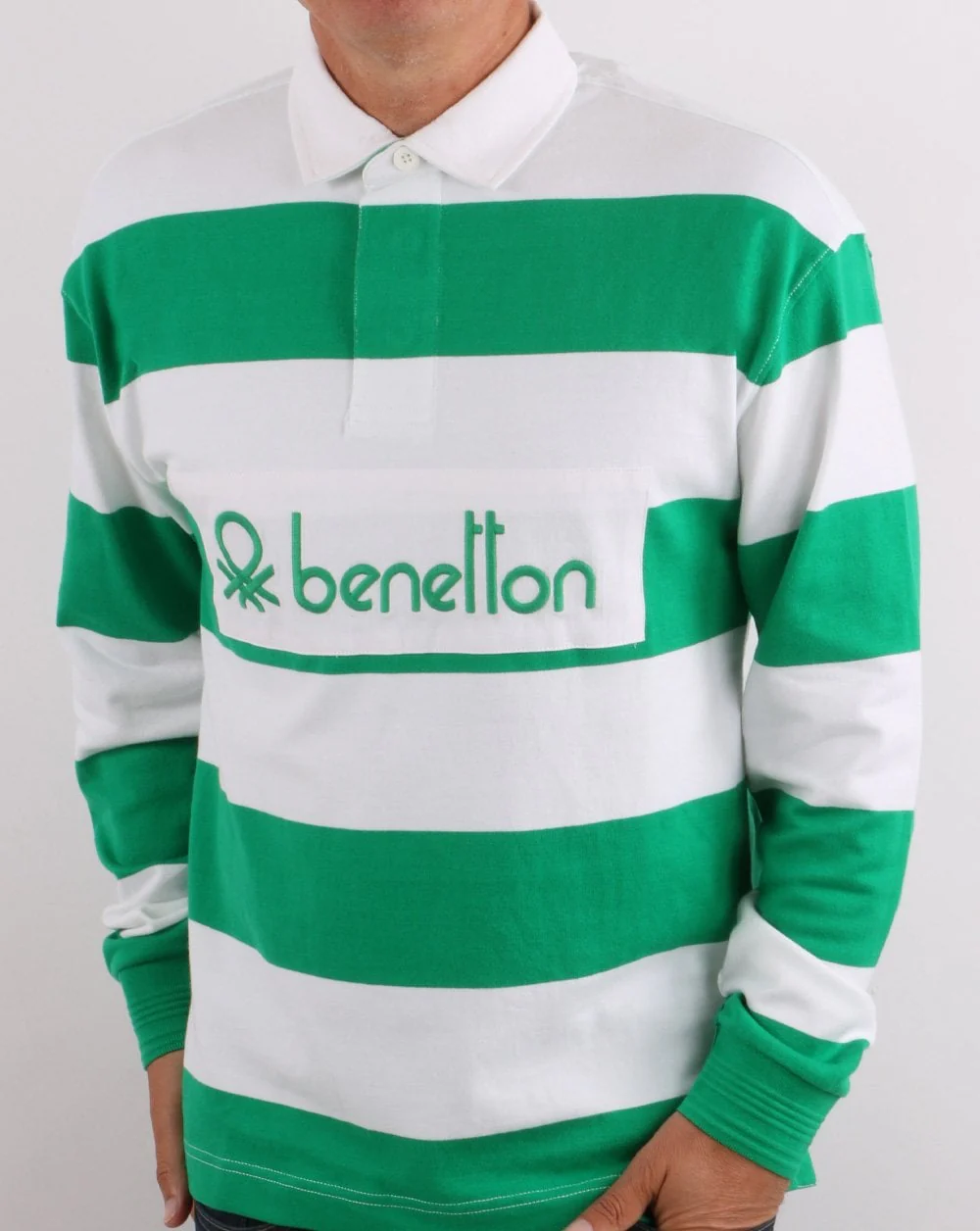 Benetton Striped Rugby Shirt Green/White - Image 3