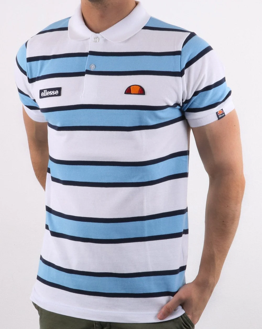 Ellesse Bold Stripe Polo Shirt White/Sky/Navy - Image 2
