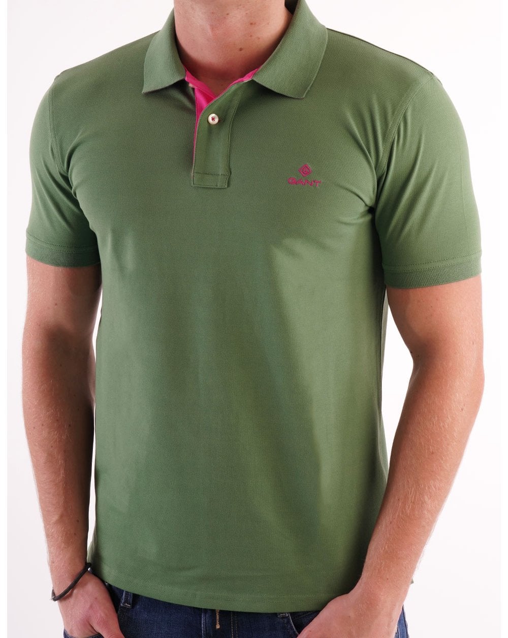Gant Contrast Collar Leaf Green/Pink - Image 3