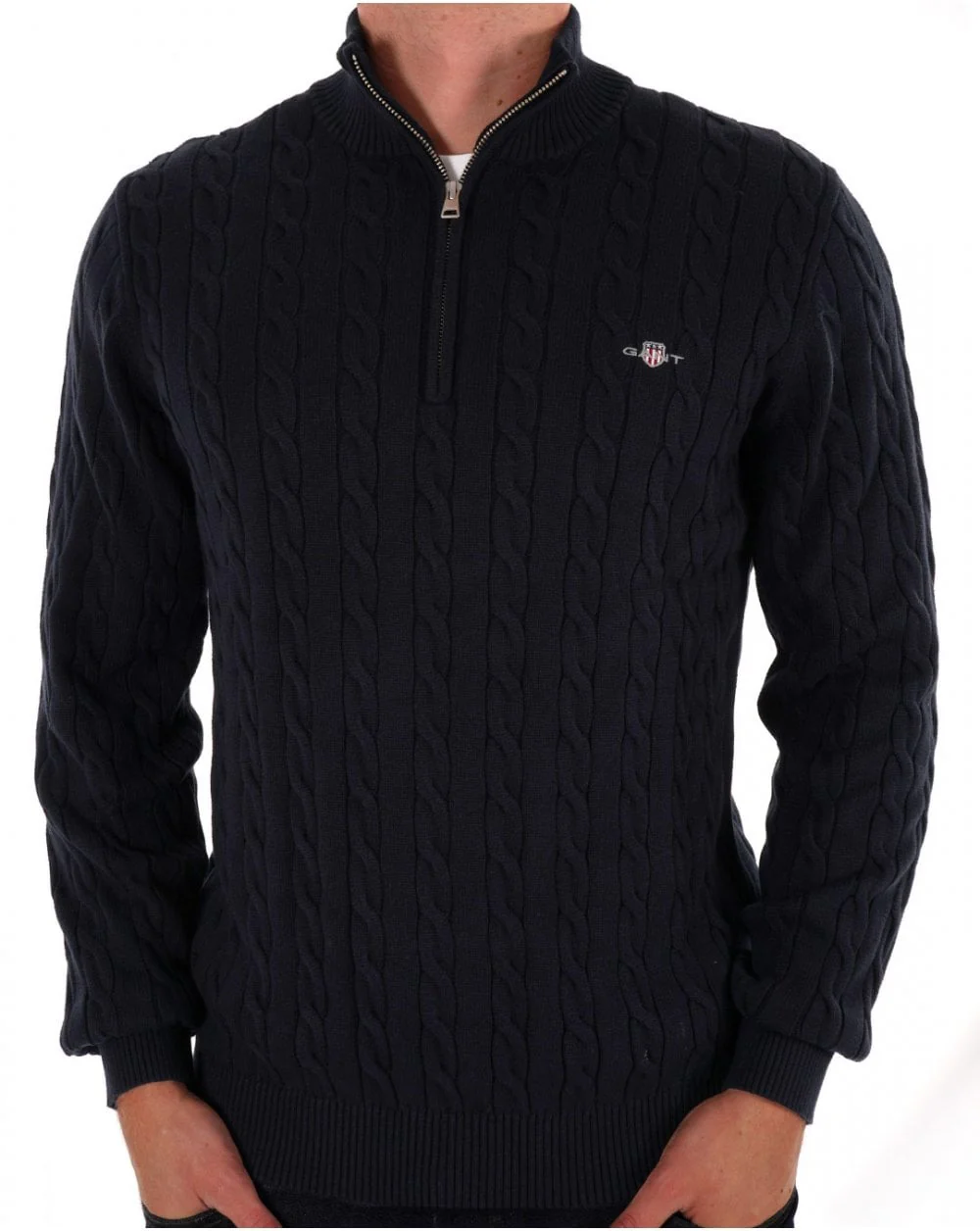 Gant Cotton Cable Knit Half Zip Sweater Navy Blue - Image 3