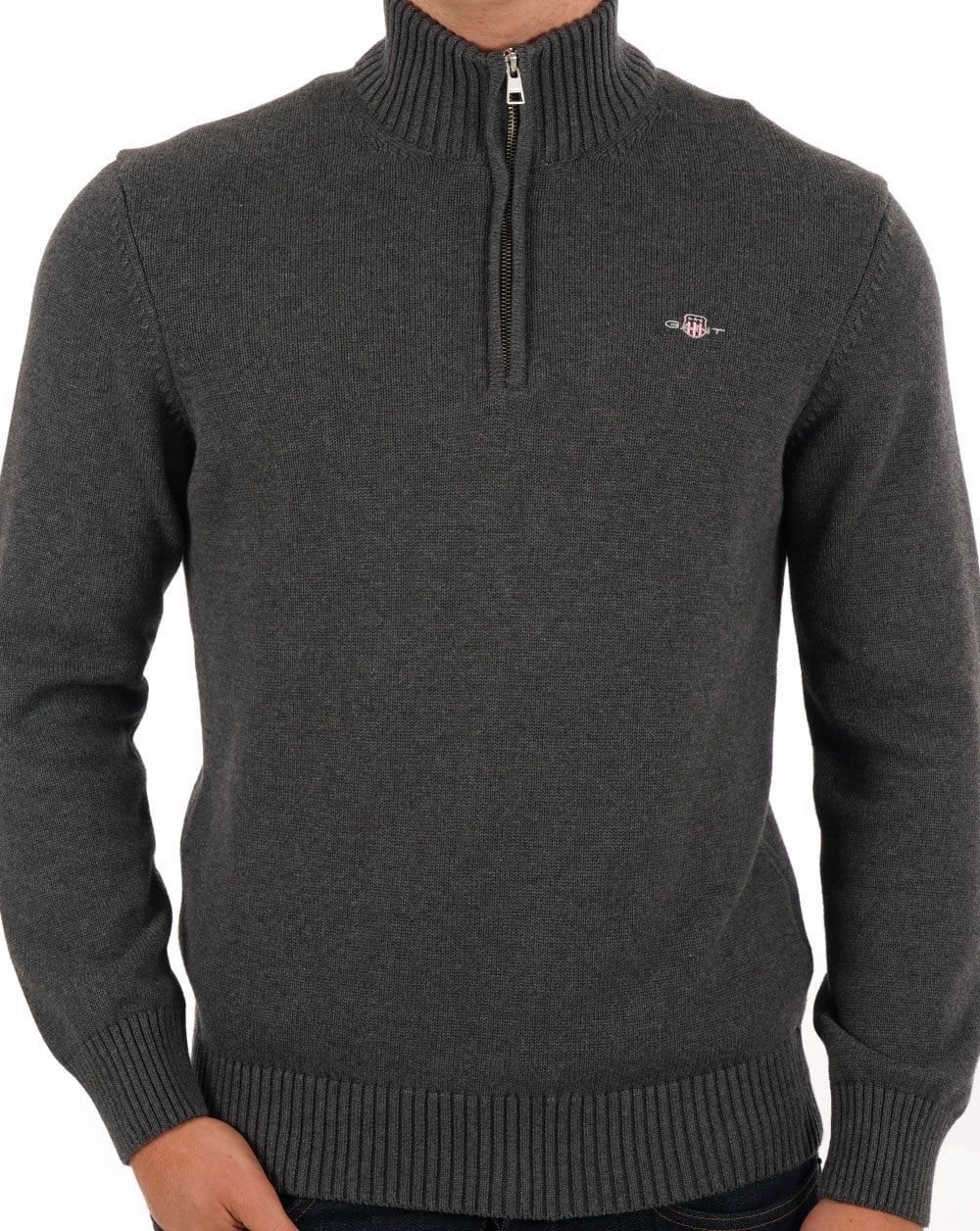 Gant Cotton Half Zip Sweater Charcoal - Image 3