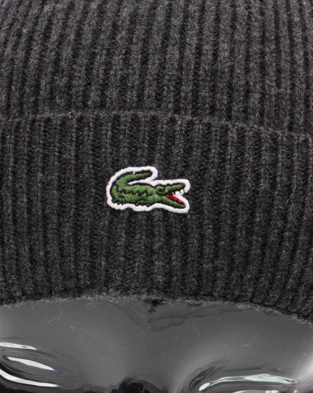 Lacoste Turn Up Ribbed Wool Beanie Dark Grey - Image 2