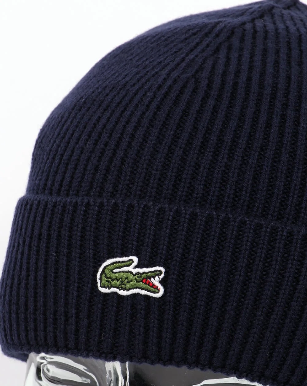 Lacoste Turn Up Ribbed Wool Beanie Navy - Image 2