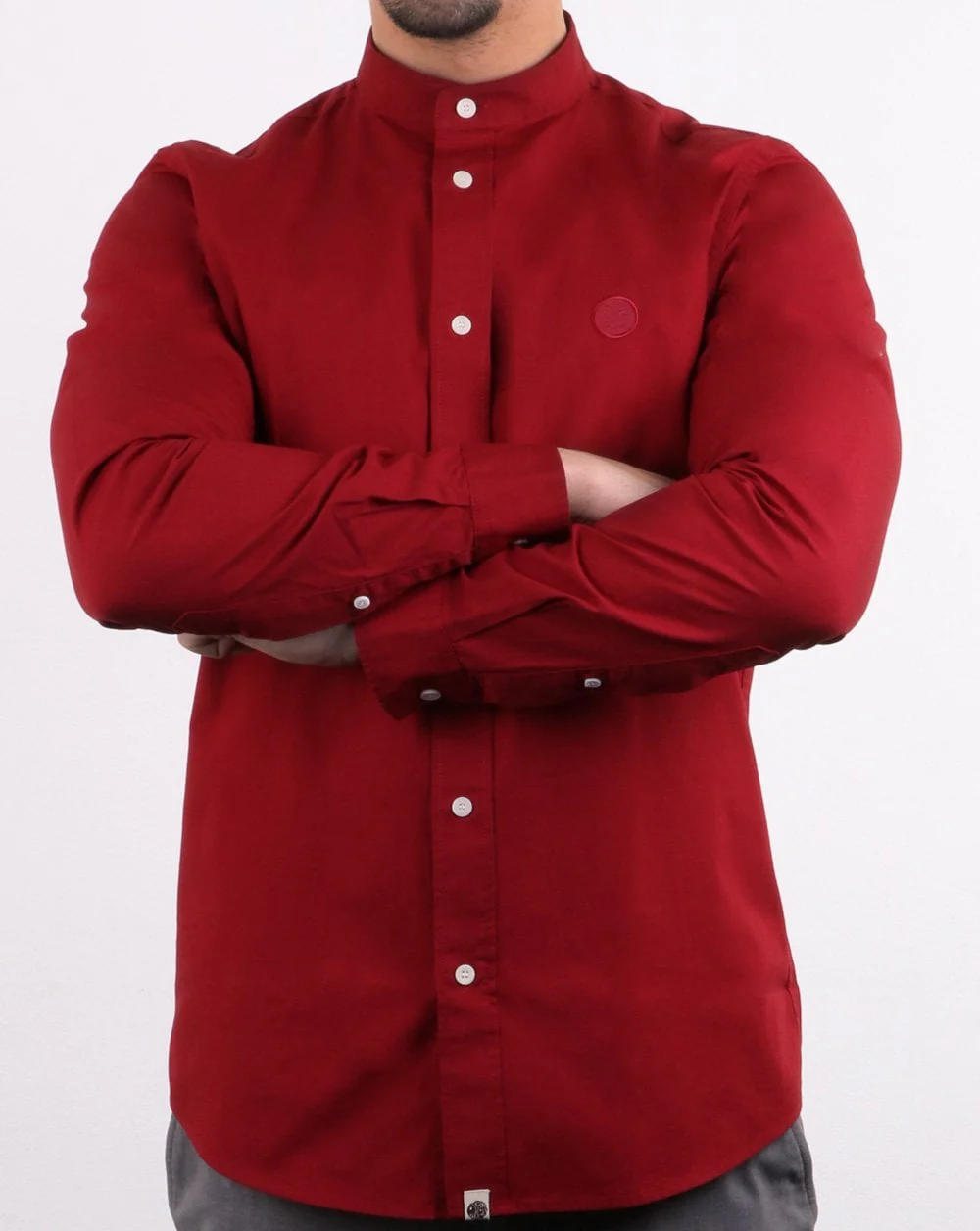 Pretty Green Mens Slim Fit Collarless Shirt Red - Image 3