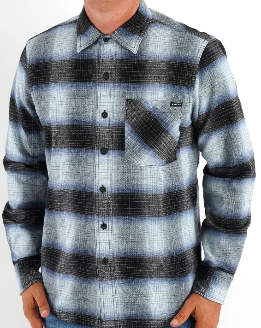 Replay Checked Flannel Shirt Black/White/Blue - Image 4
