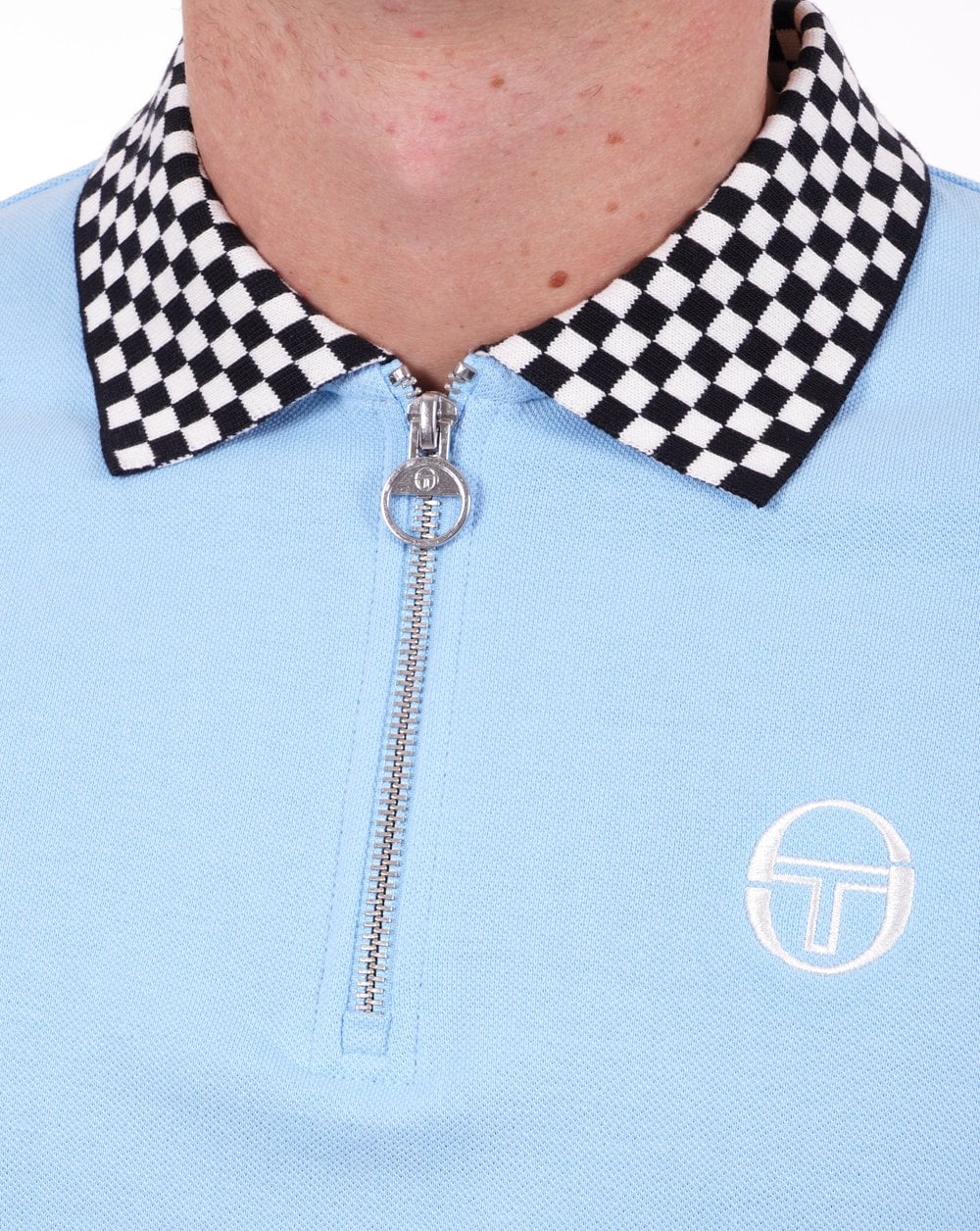 Sergio Tacchini Check Zip Polo Shirt Sky - Image 2