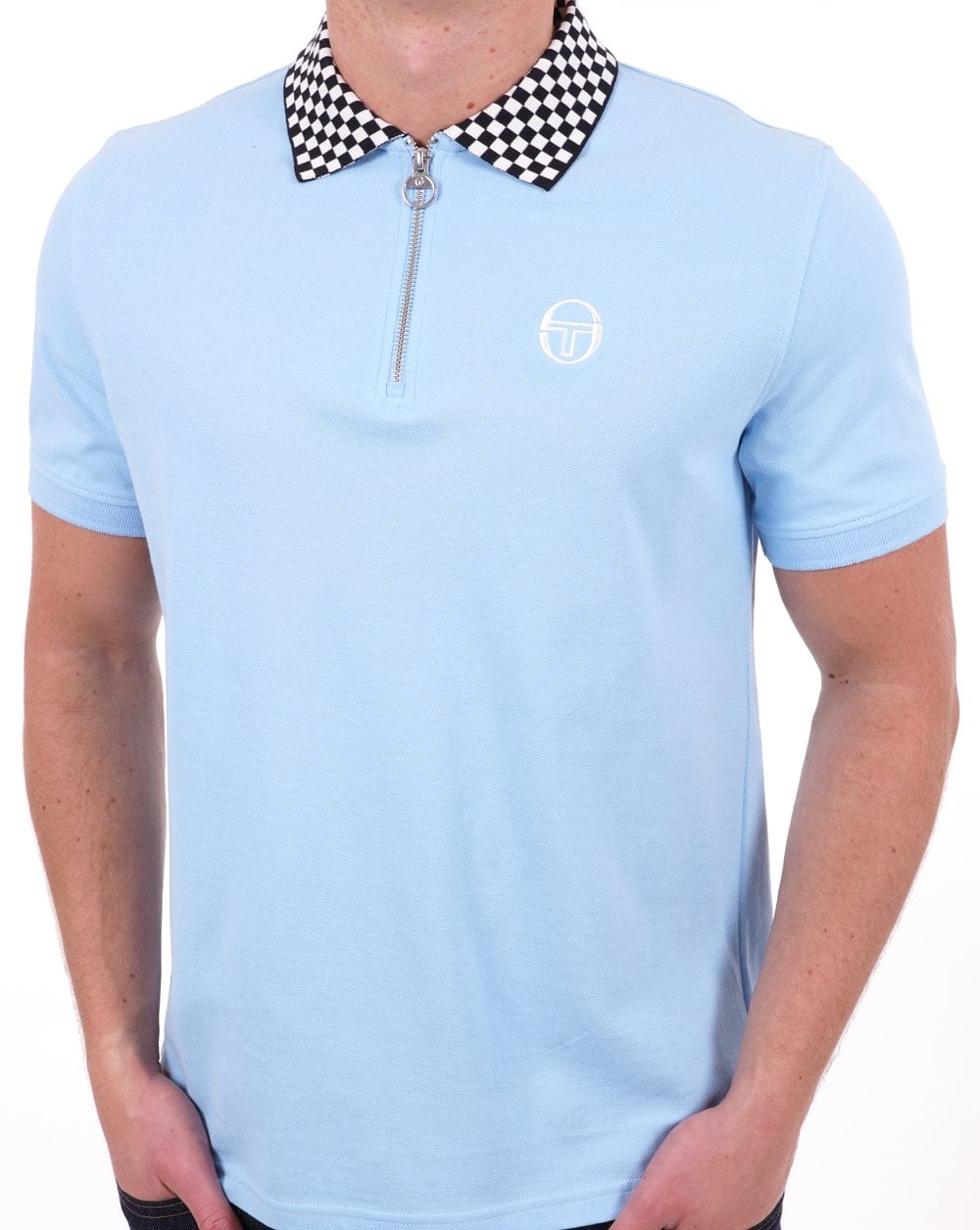 Sergio Tacchini Check Zip Polo Shirt Sky - Image 3