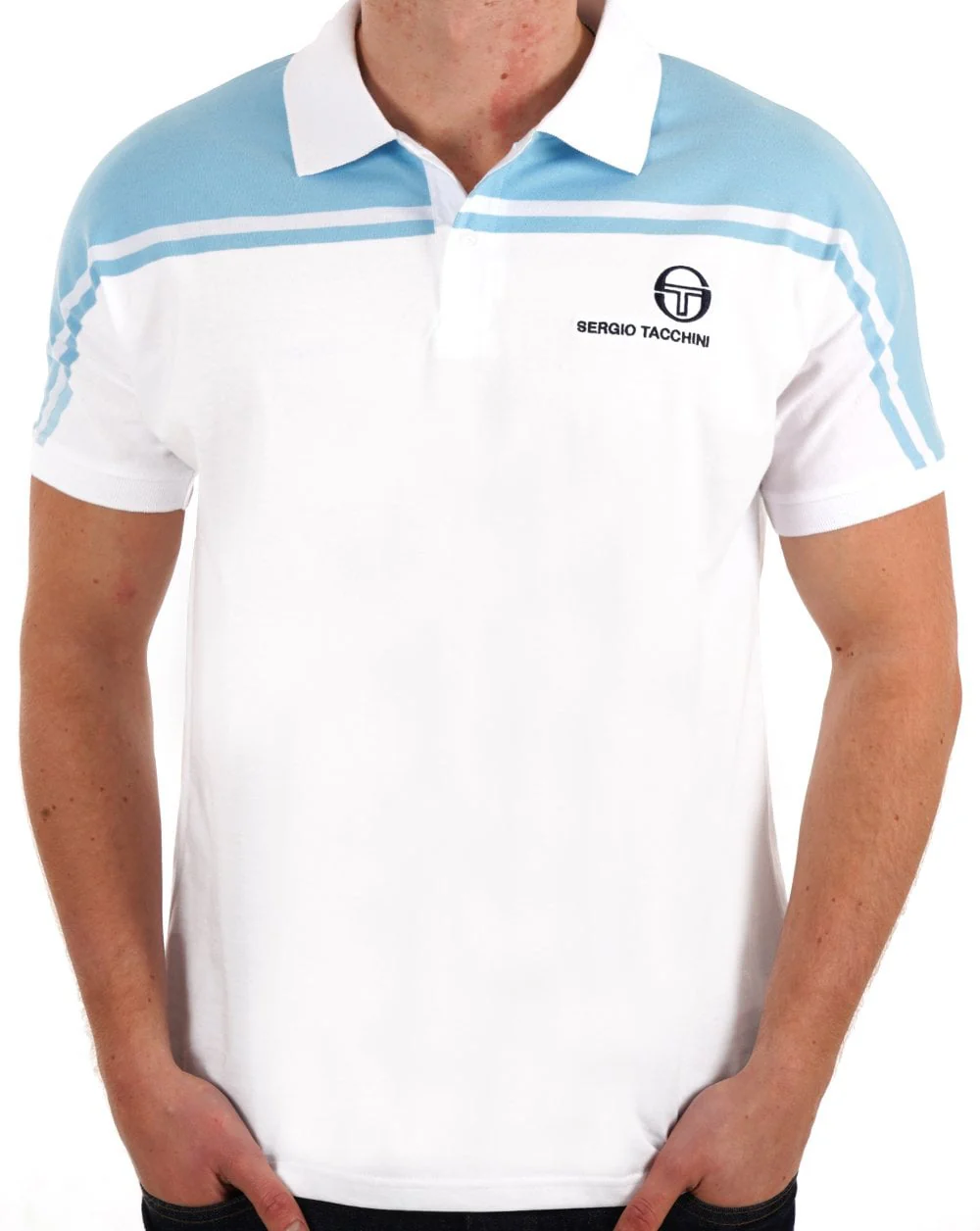 Sergio Tacchini New Young Line Polo Shirt White/Sky Blue - Image 3