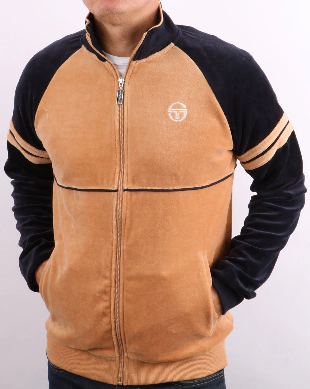 Sergio Tacchini Orion Velour Track Top Tan/Navy - Image 4