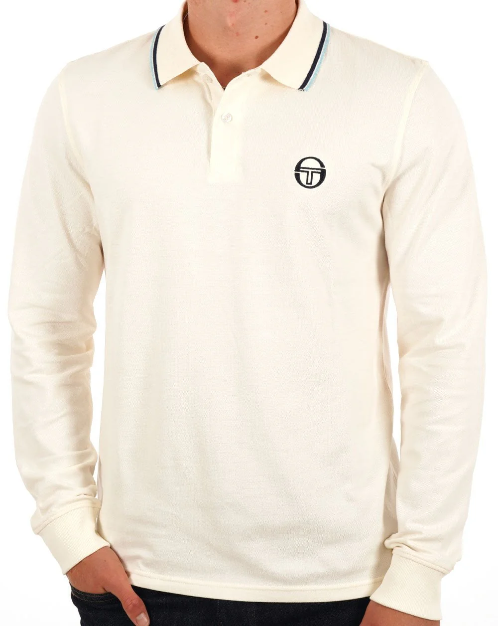 Sergio Tacchini Tipped Long Sleeve Polo Shirt Gardenia - Image 3