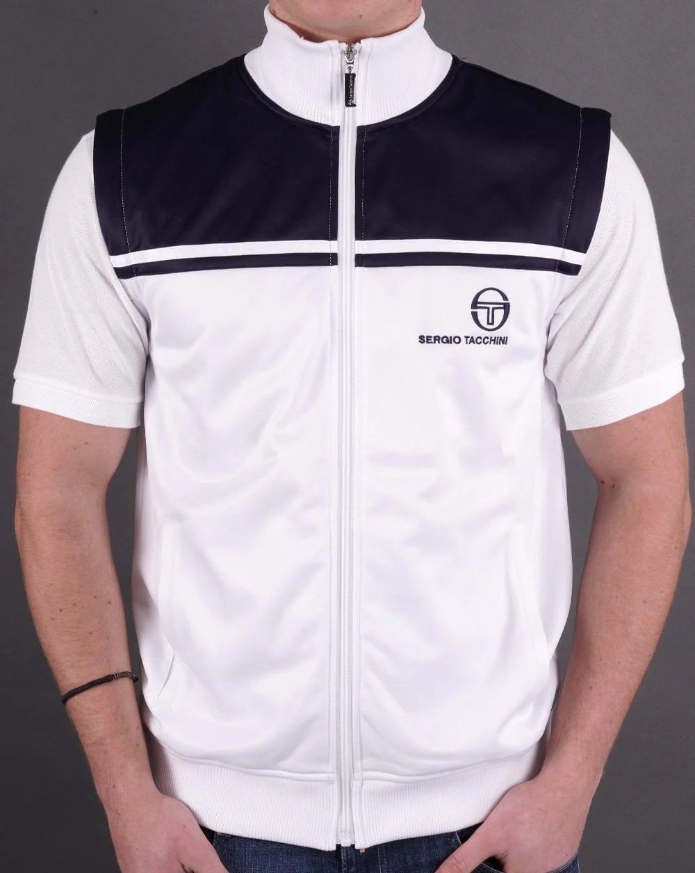 Sergio Tacchini Young Line Zip Off Track Top White Navy - Image 2