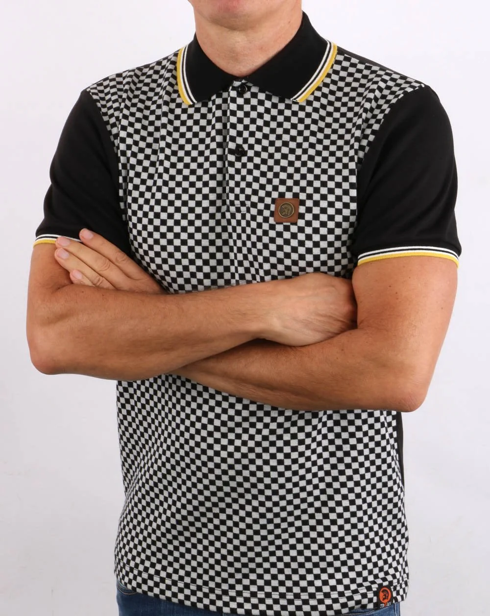 Trojan 2 Tone Chequerboard Polo Shirt Black - Image 2