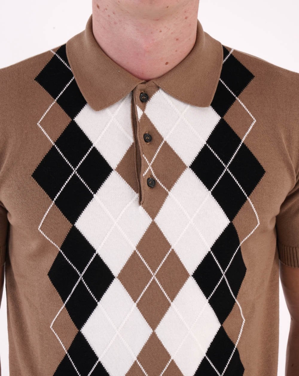 Trojan Argyle Fine Knit Polo Camel - Image 2