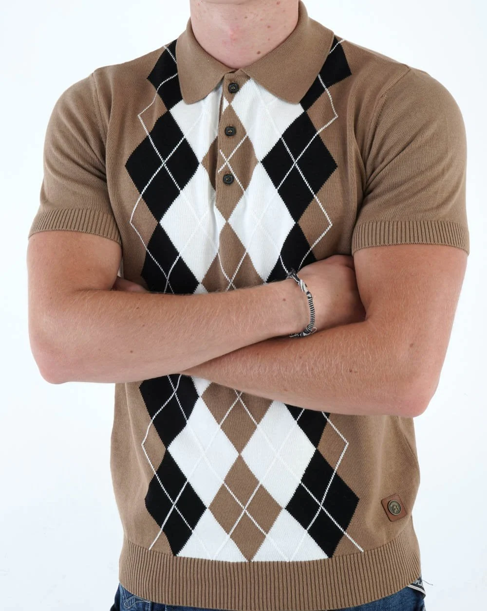 Trojan Argyle Fine Knit Polo Camel - Image 3