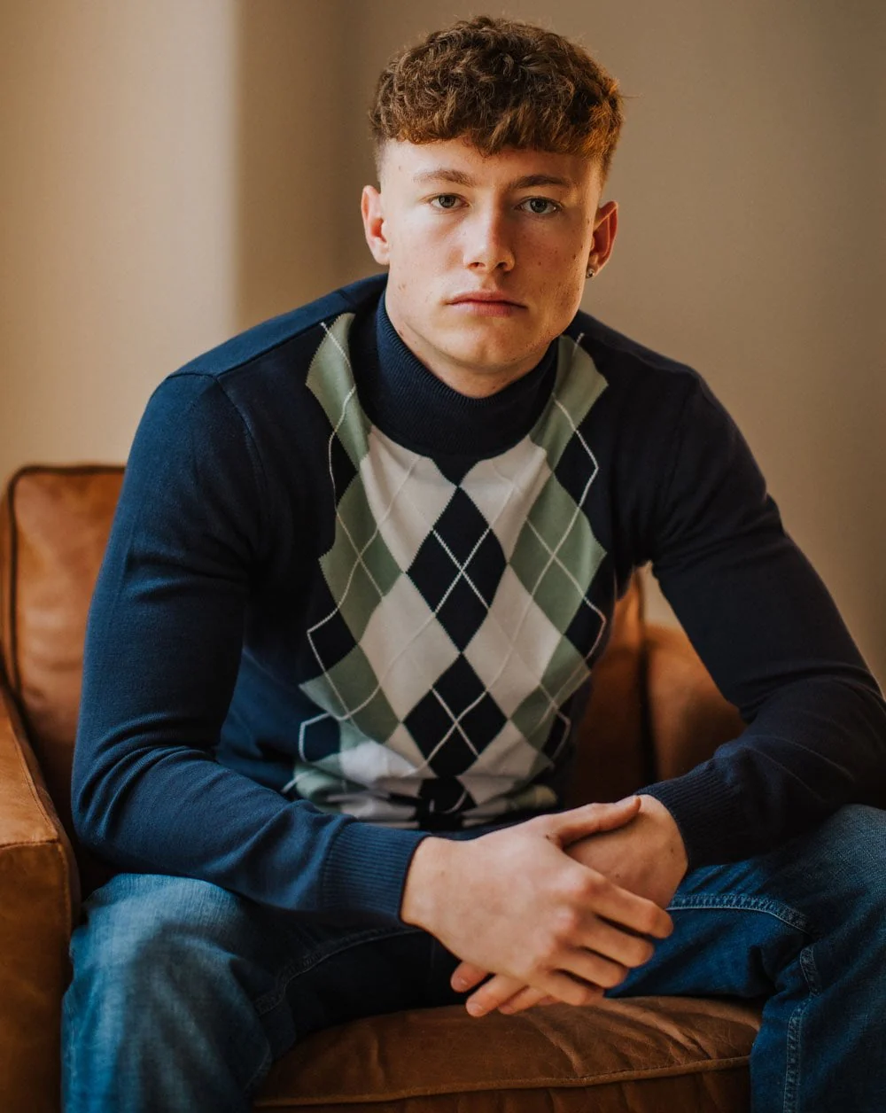 Trojan Argyle Knit Roll Neck Navy