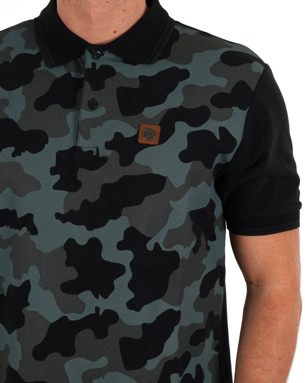 Trojan Camo Panel Pique Polo Shirt Black - Image 2