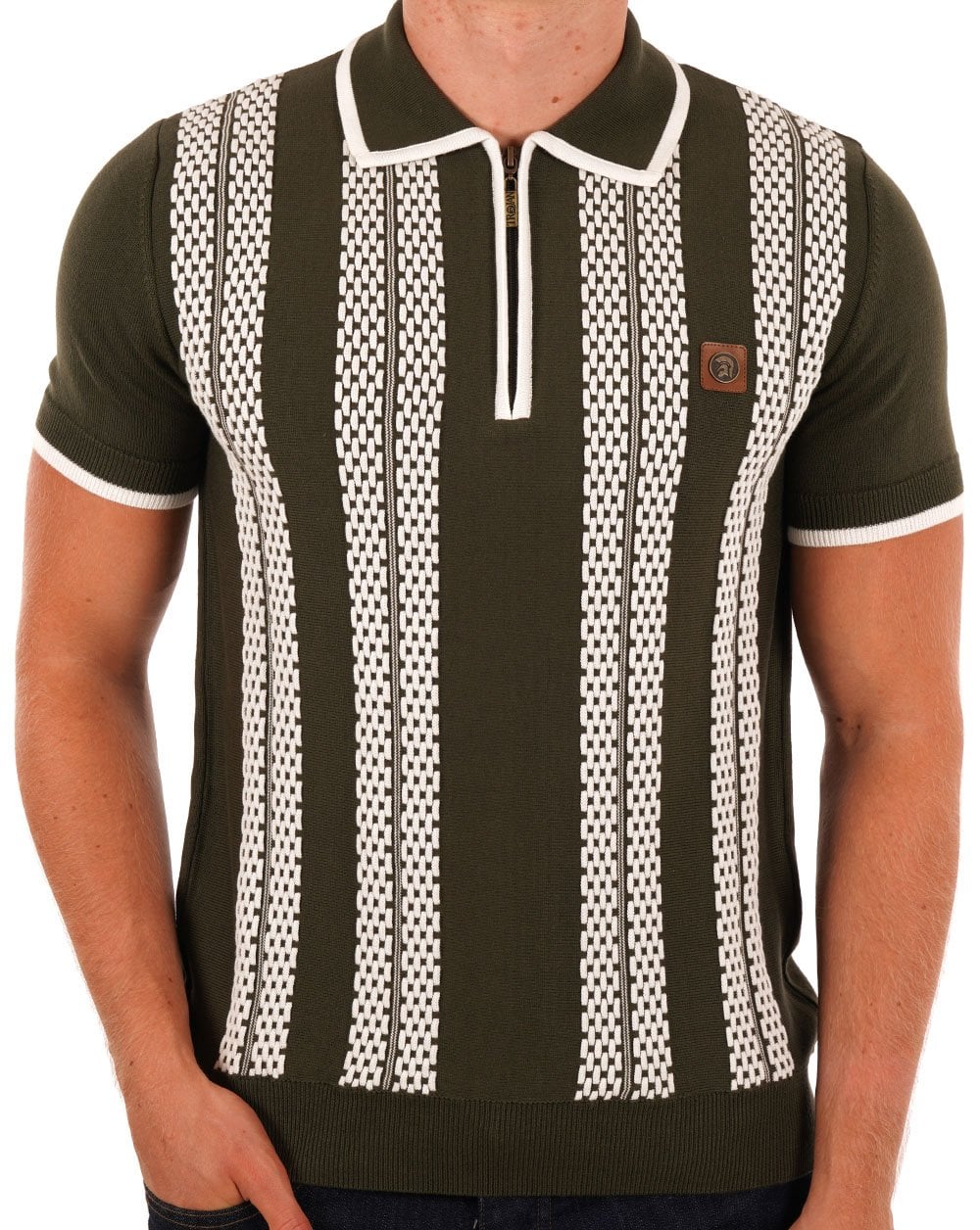 Trojan Chain Stripe Zip Polo Army Green - Image 3