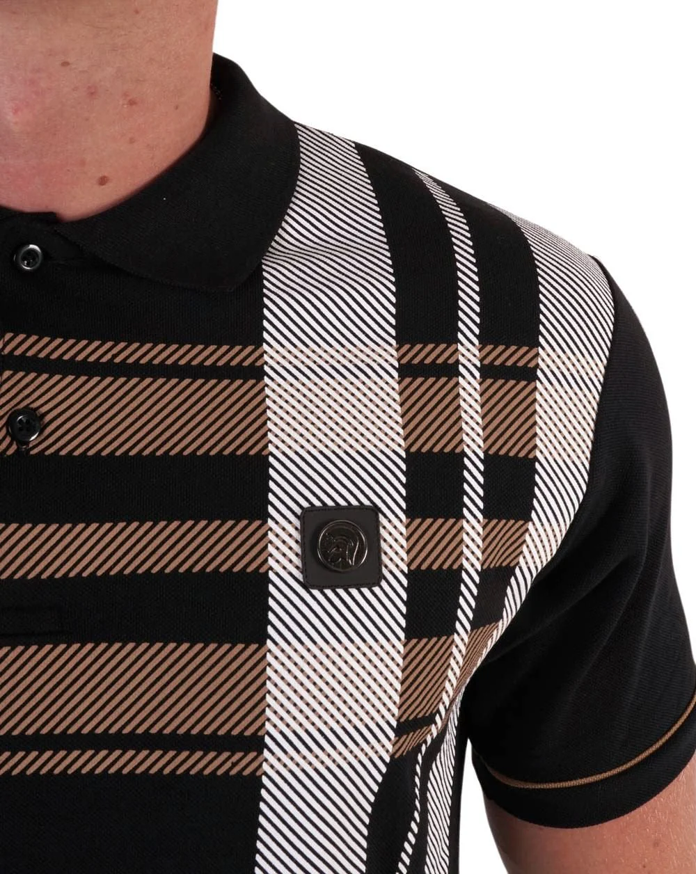 Trojan Check Panel Polo Shirt Black - Image 2