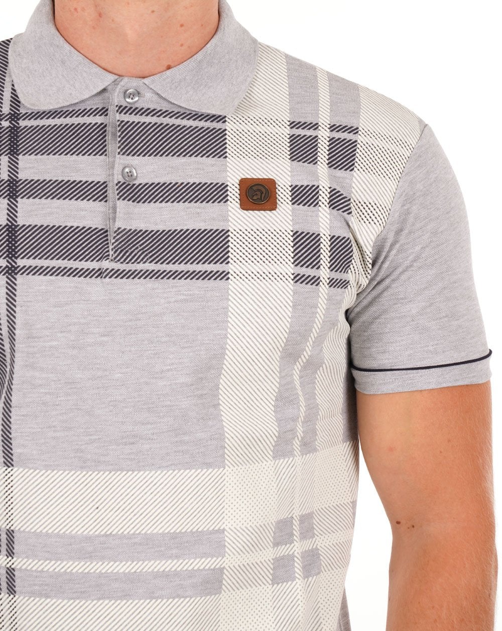 Trojan Check Panel Polo Shirt Grey - Image 2