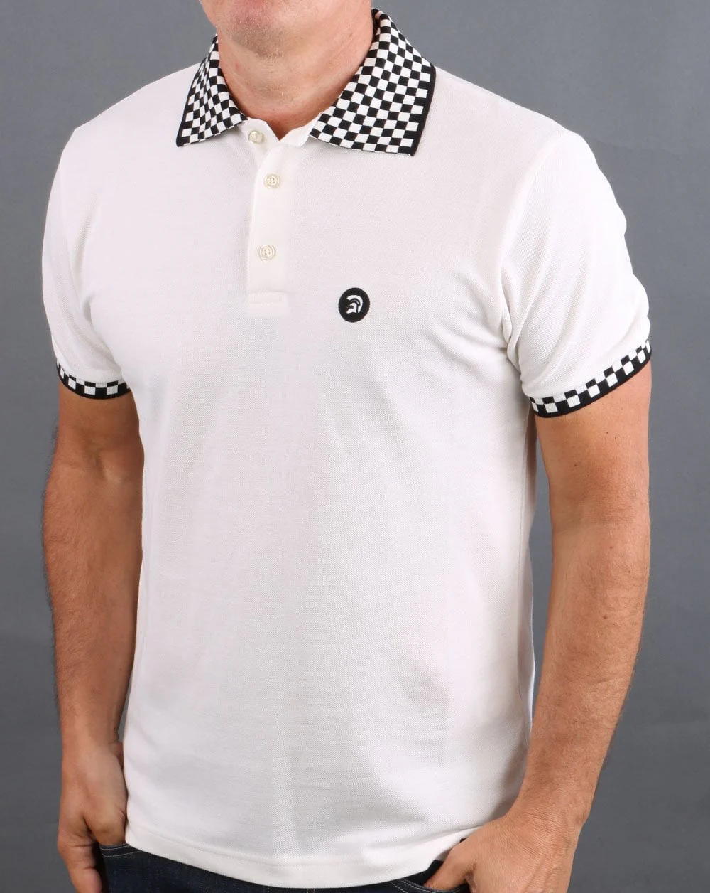 Trojan Chequerboard Polo Shirt Off White - Image 4