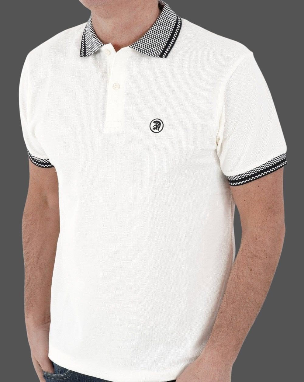 Trojan Chequerboard Trim Polo Shirt Ecru - Image 3