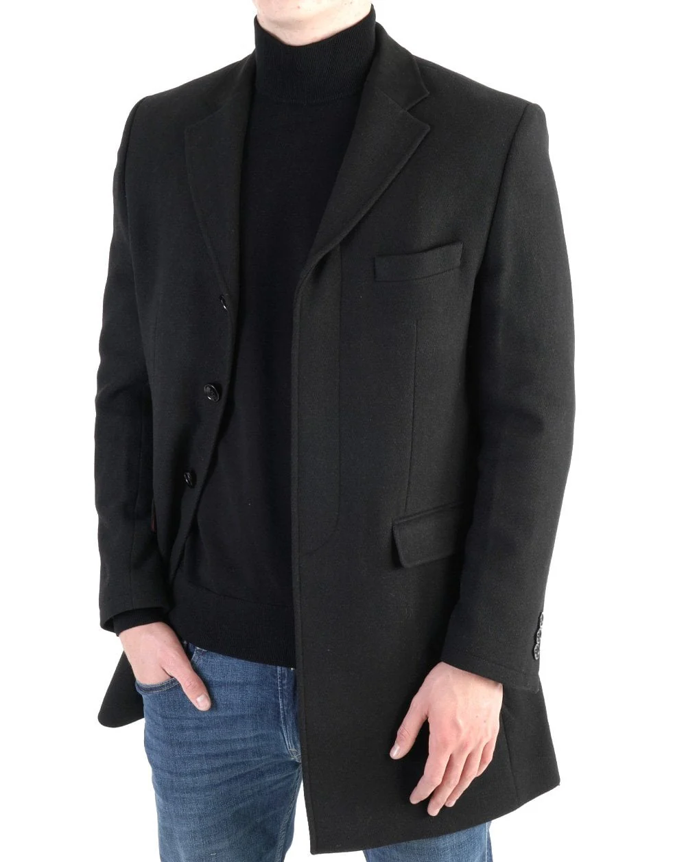 Trojan Crombie Style Woolmix Coat Black - Image 3