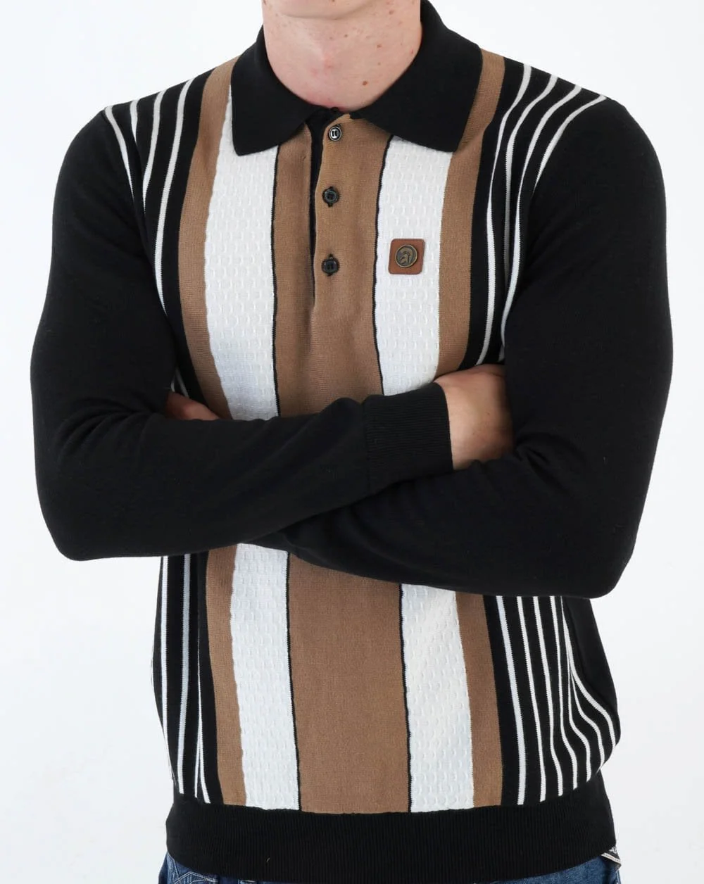 Trojan Dobby Stripe Long Sleeve Knit Polo Black - Image 3