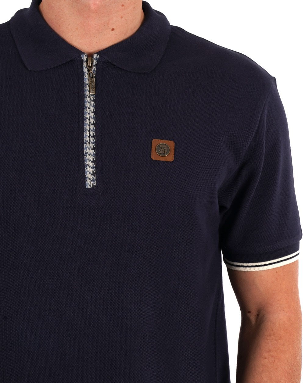 Trojan Houndstooth Trim Zip Pique Polo Navy - Image 2