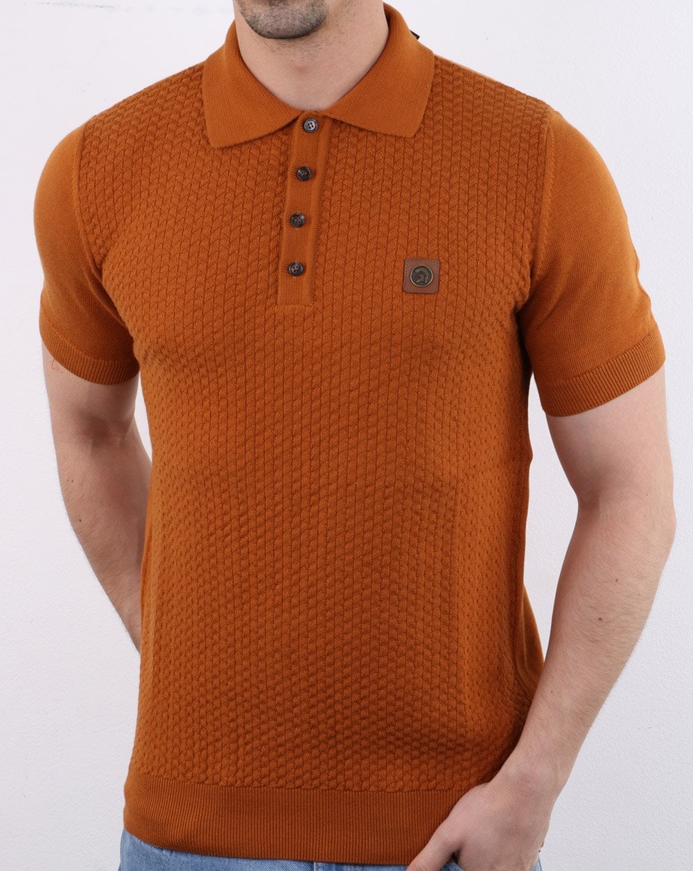 Trojan knitted pattern Polo Shirt Tan - Image 2