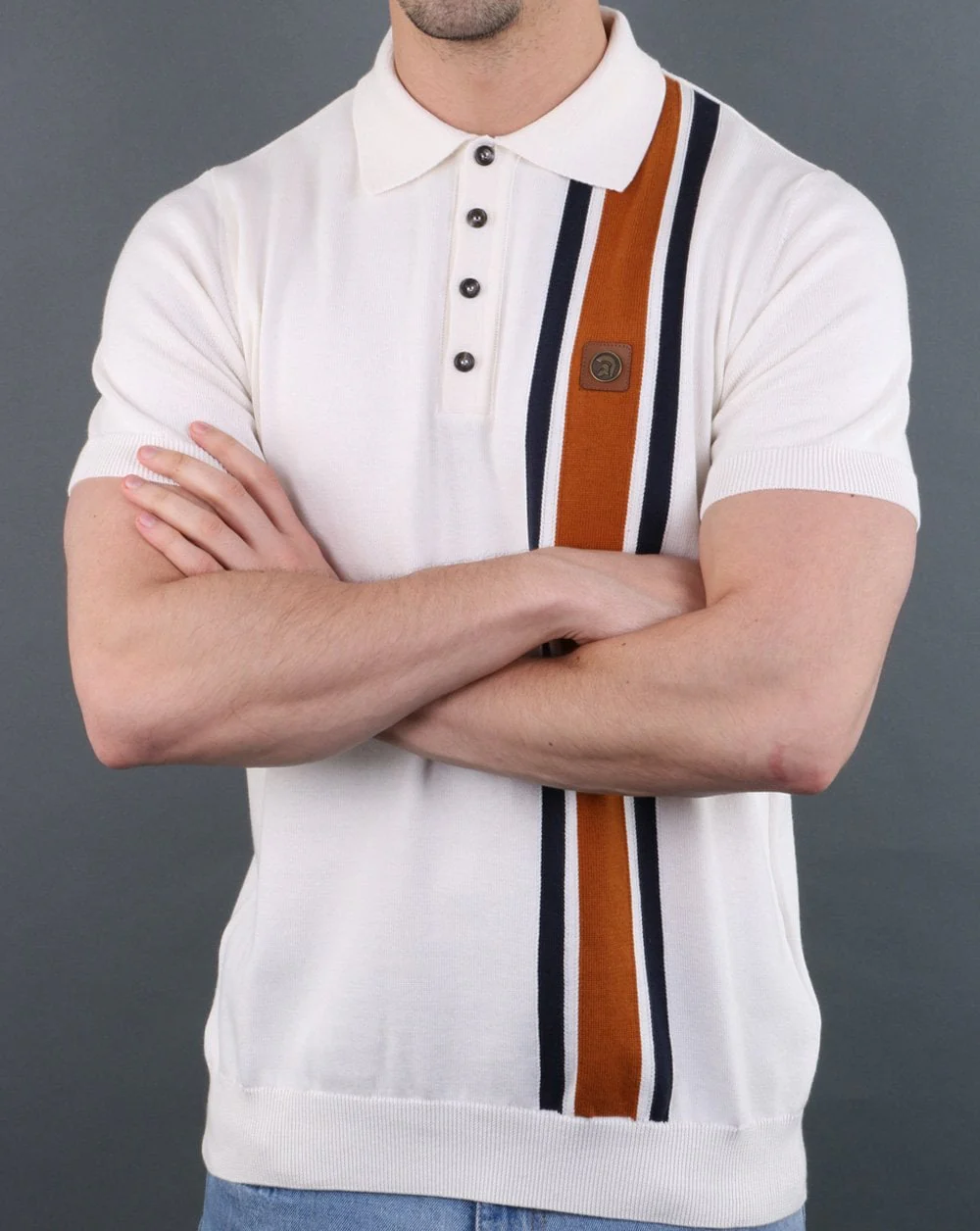 Trojan knitted Striped Polo Shirt Ecru - Image 3