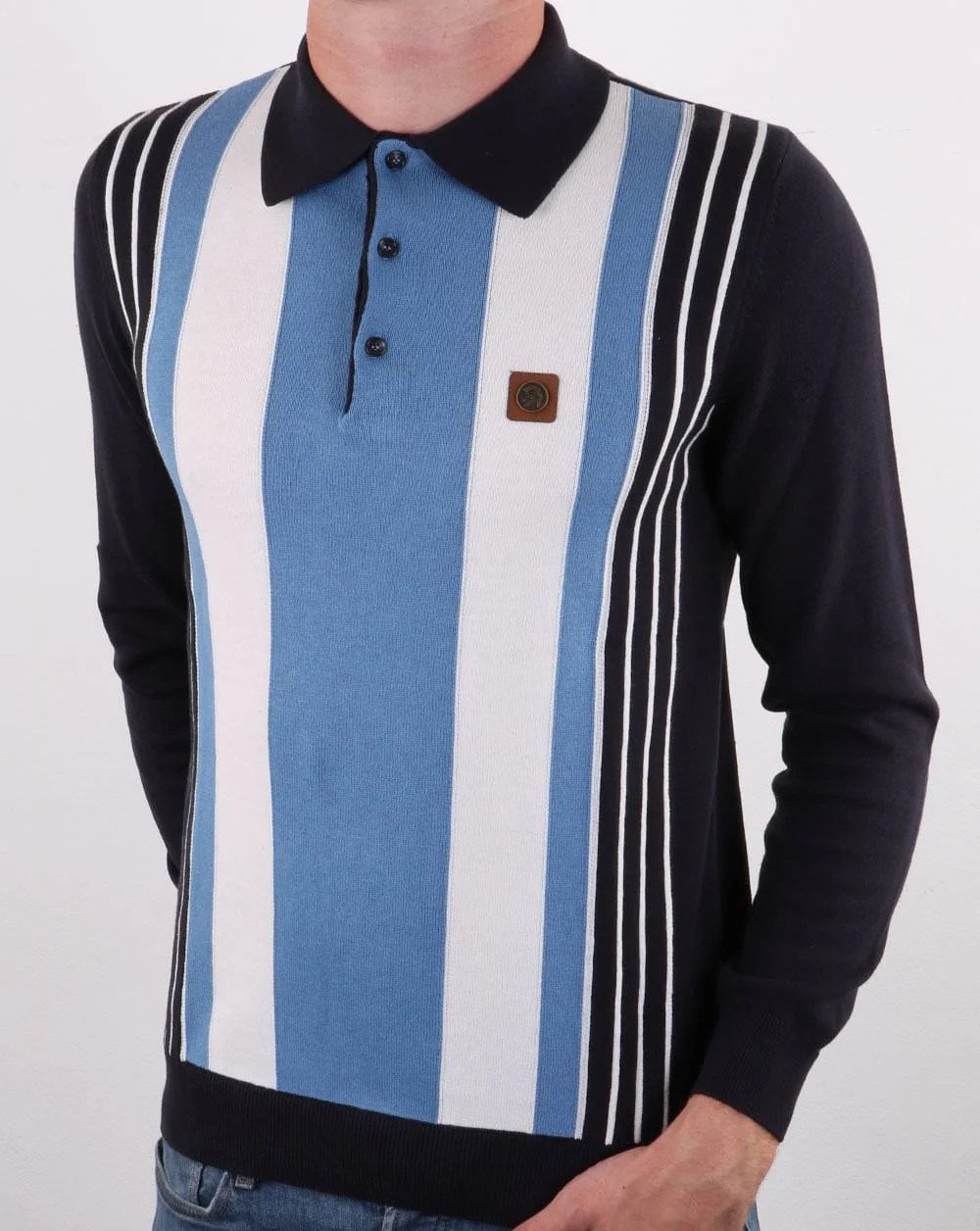 Trojan Multi-stripe Long Sleeve Knit Polo Navy - Image 2