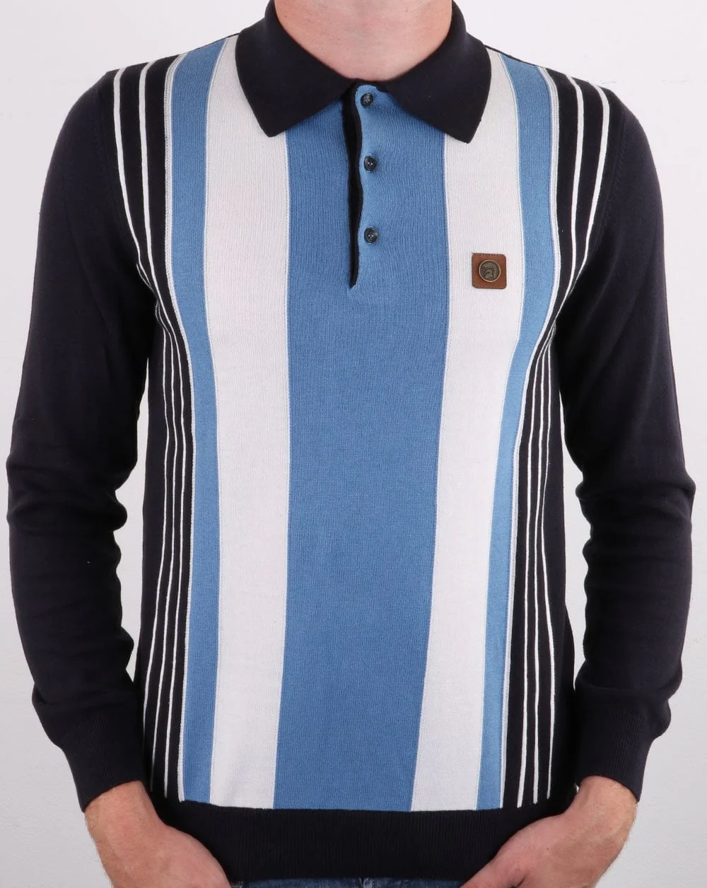 Trojan Multi-stripe Long Sleeve Knit Polo Navy - Image 3