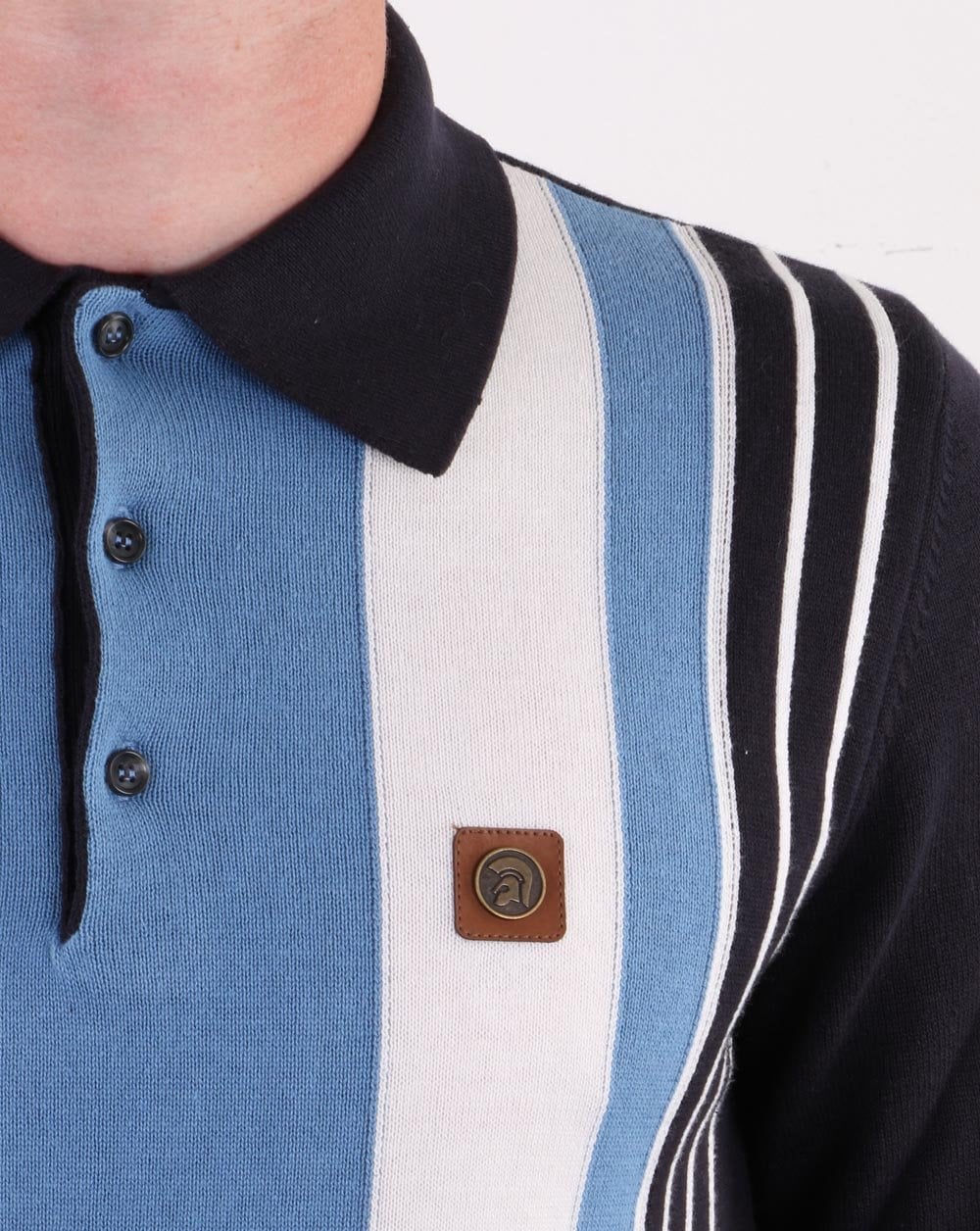Trojan Multi-stripe Long Sleeve Knit Polo Navy - Image 4