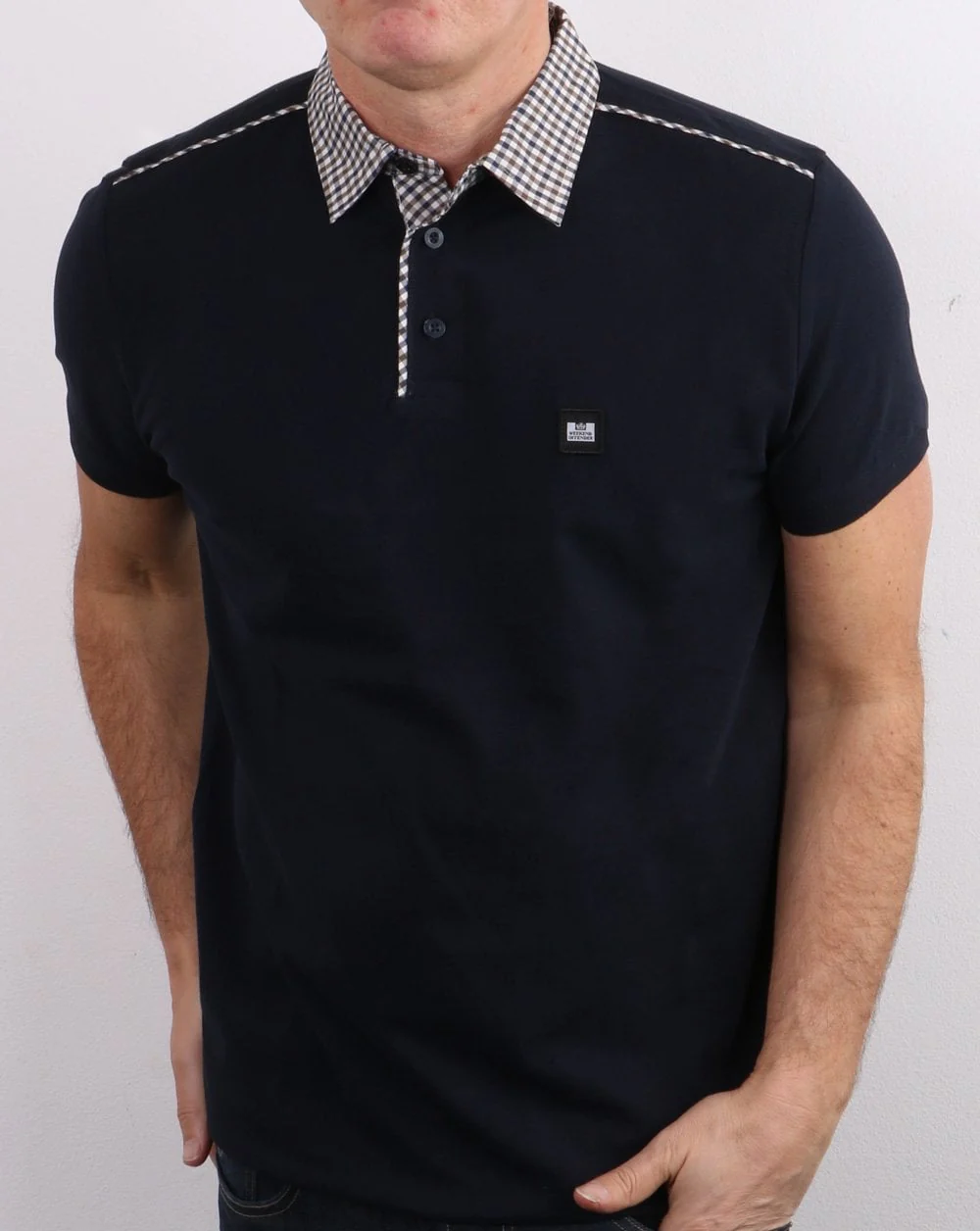 Weekend Offender Check Collar Polo Shirt Navy - Image 3