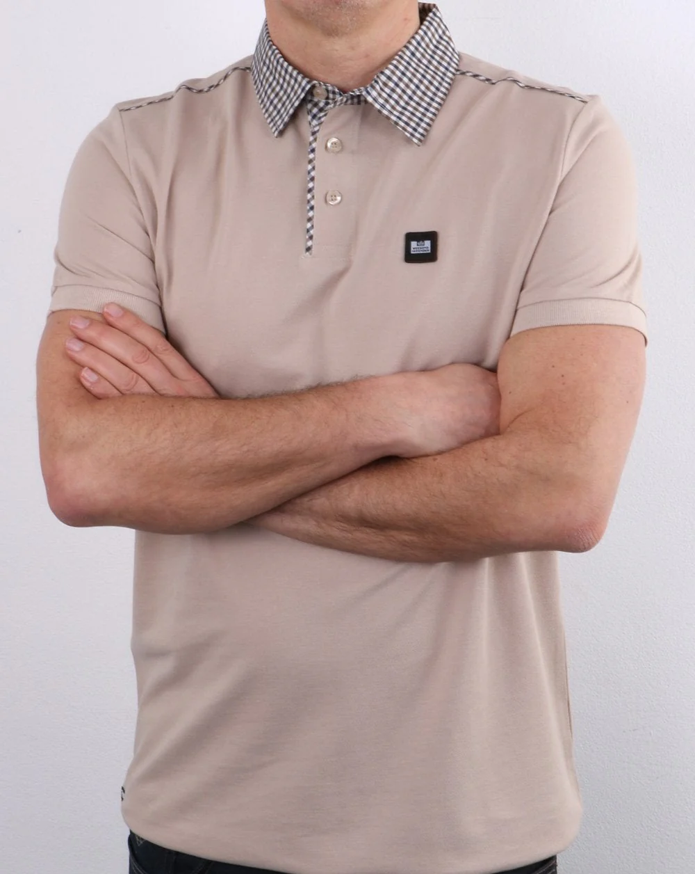 Weekend Offender Check Collar Polo Shirt Sand - Image 3