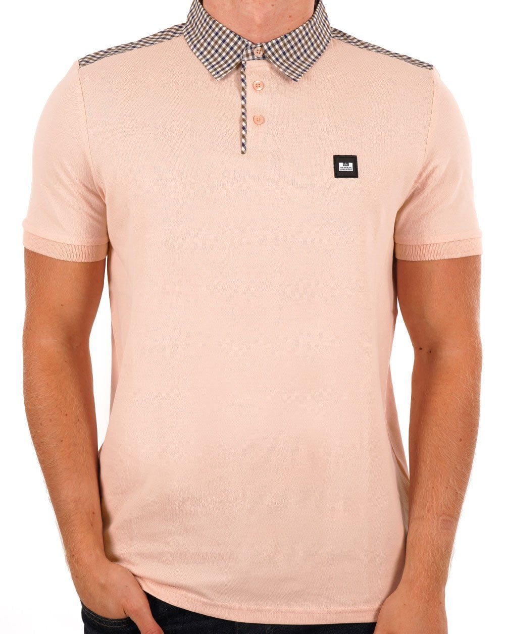 Weekend Offender Check Collar Polo Shirt Soft Peach - Image 3