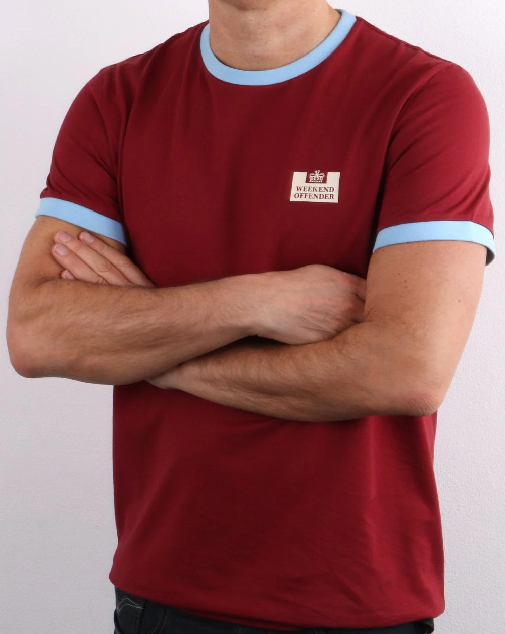 Weekend Offender Ringer Tee Claret/Sky Blue - Image 4